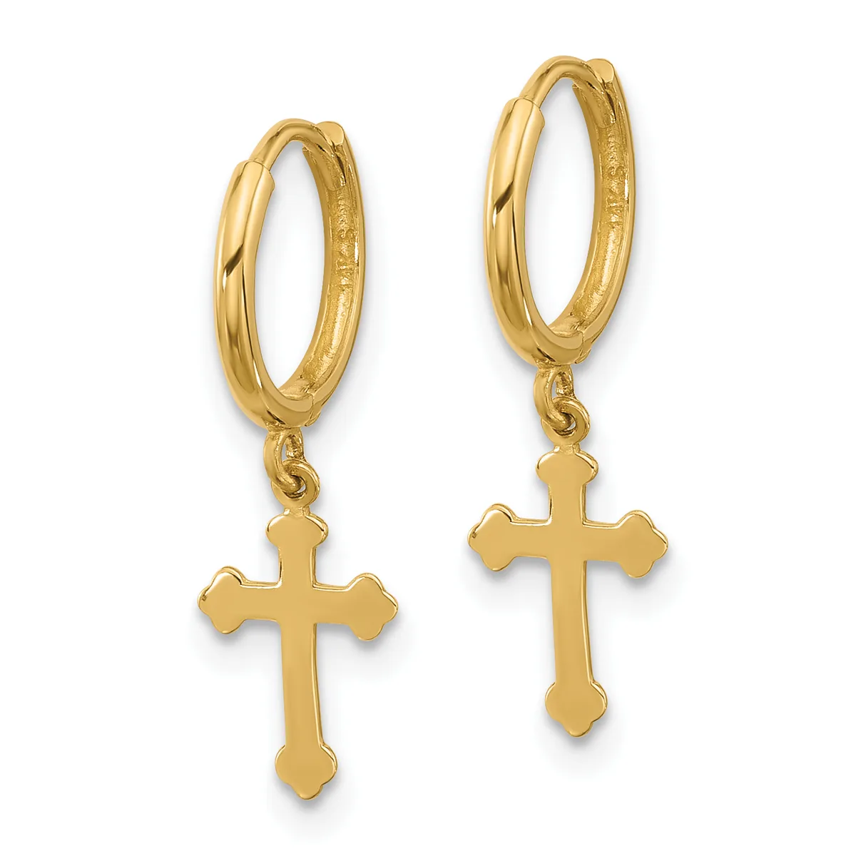 A pair of gold hoop earrings with dangling cross charms, shown against a white background.