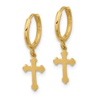 A pair of gold hoop earrings with dangling cross charms, shown against a white background.