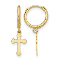Pair of gold-toned hoop earrings with dangling cross charms, shown from front and side views.