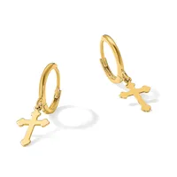 A pair of gold hoop earrings with dangling cross charms, shown from two angles against a white background.