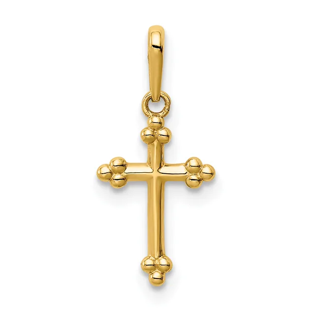 Gold cross pendant with decorative beaded terminals at the ends of each arm and a small stamped hallmark, suspended from a gold bail.