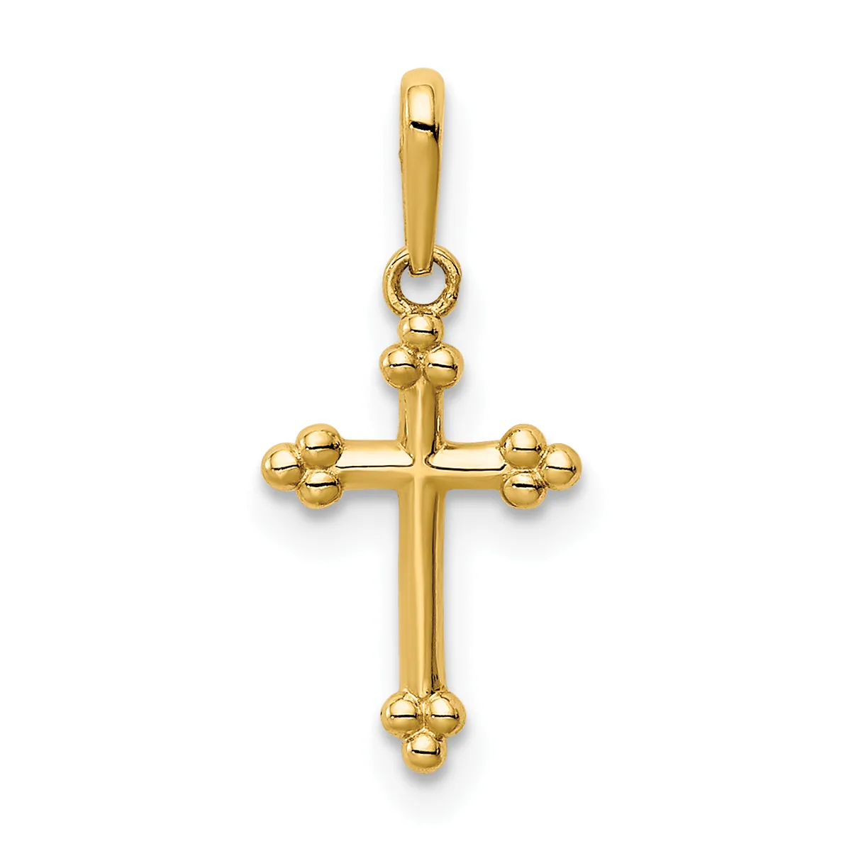 Gold cross pendant with decorative beaded terminals at the ends of each arm and a small stamped hallmark, suspended from a gold bail.