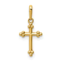Gold cross pendant with decorative beaded terminals at the ends of each arm and a small stamped hallmark, suspended from a gold bail.