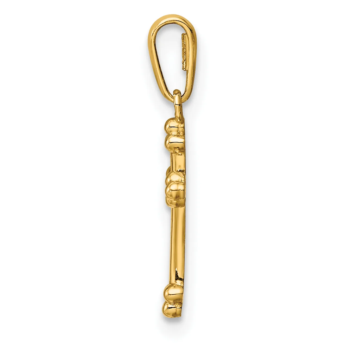 Gold-toned metal keychain with an elongated oval carabiner clip at the top and a cylindrical shaft with decorative wrapped band details, shown vertically against a white background.