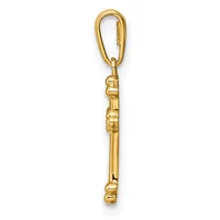 Gold-toned metal keychain with an elongated oval carabiner clip at the top and a cylindrical shaft with decorative wrapped band details, shown vertically against a white background.