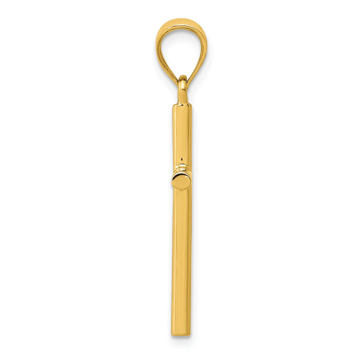 A polished gold-colored cylindrical pendant with a teardrop-shaped loop at the top and a small decorative band near the middle.