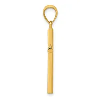 A polished gold-colored cylindrical pendant with a teardrop-shaped loop at the top and a small decorative band near the middle.