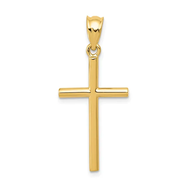 A polished gold cross pendant with a rectangular design and a small bail loop at the top for hanging on a chain.