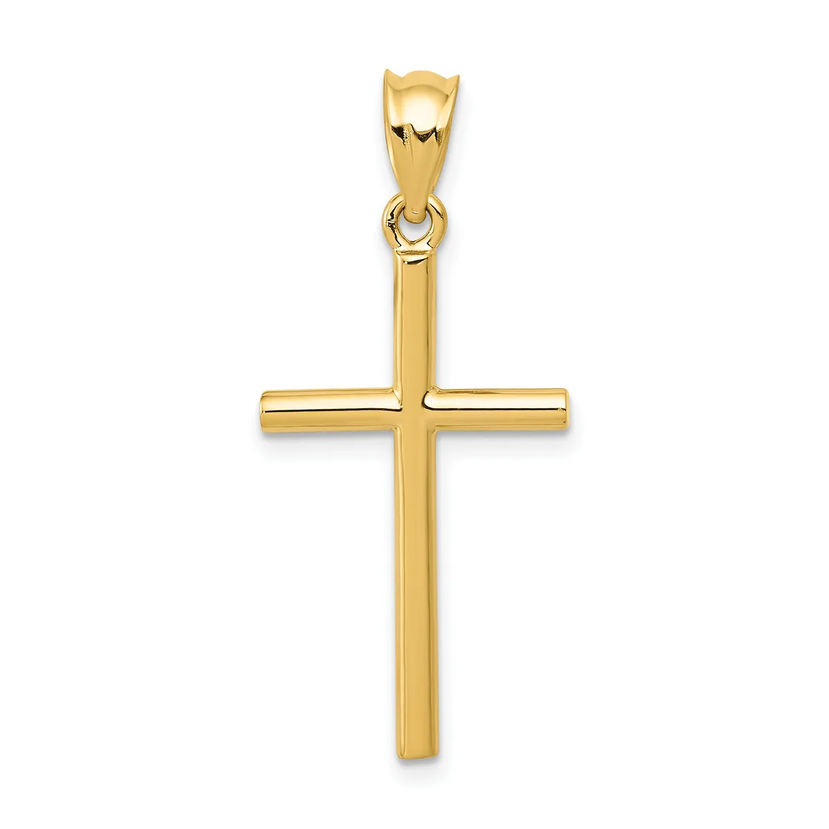 A polished gold cross pendant with a rectangular design and a small bail loop at the top for hanging on a chain.