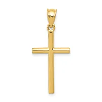 A polished gold cross pendant with a rectangular design and a small bail loop at the top for hanging on a chain.