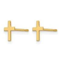 A pair of gold cross-shaped stud earrings displayed against a white background.