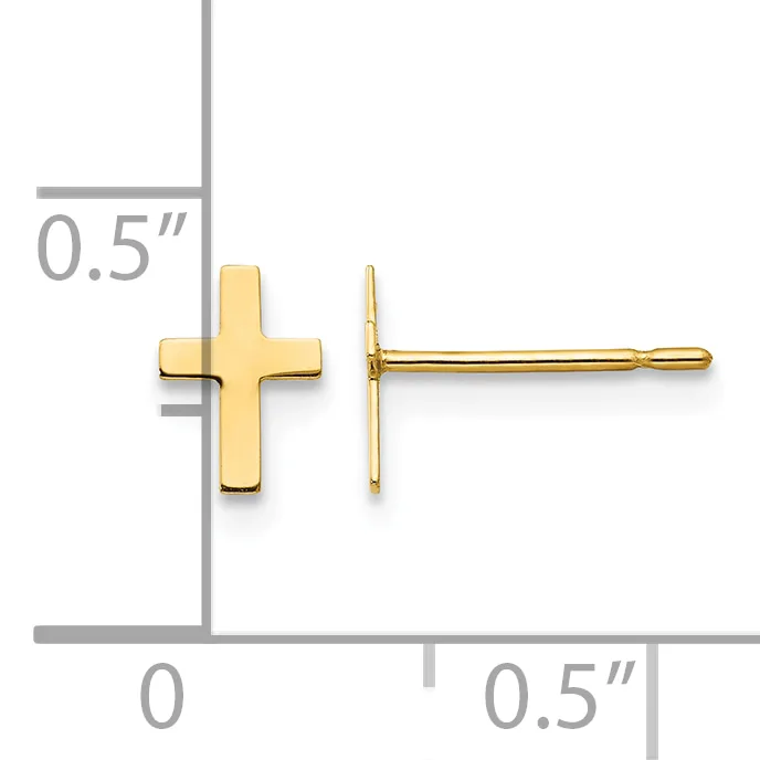A pair of gold-toned cross stud earrings displayed front and side view with measurement scale showing approximately 0.5 inches in height and width.