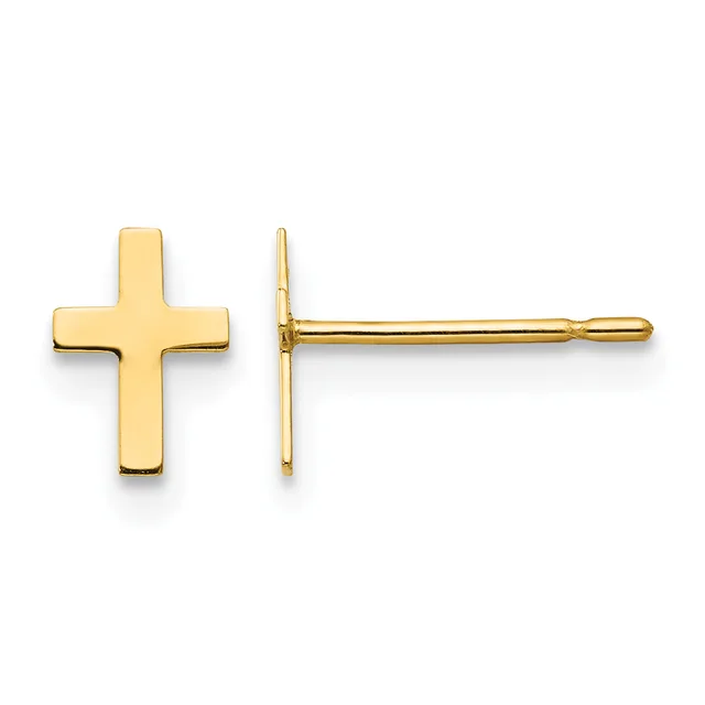Pair of gold cross stud earrings shown from front and side views against a white background.