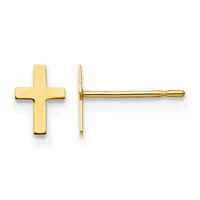 Pair of gold cross stud earrings shown from front and side views against a white background.