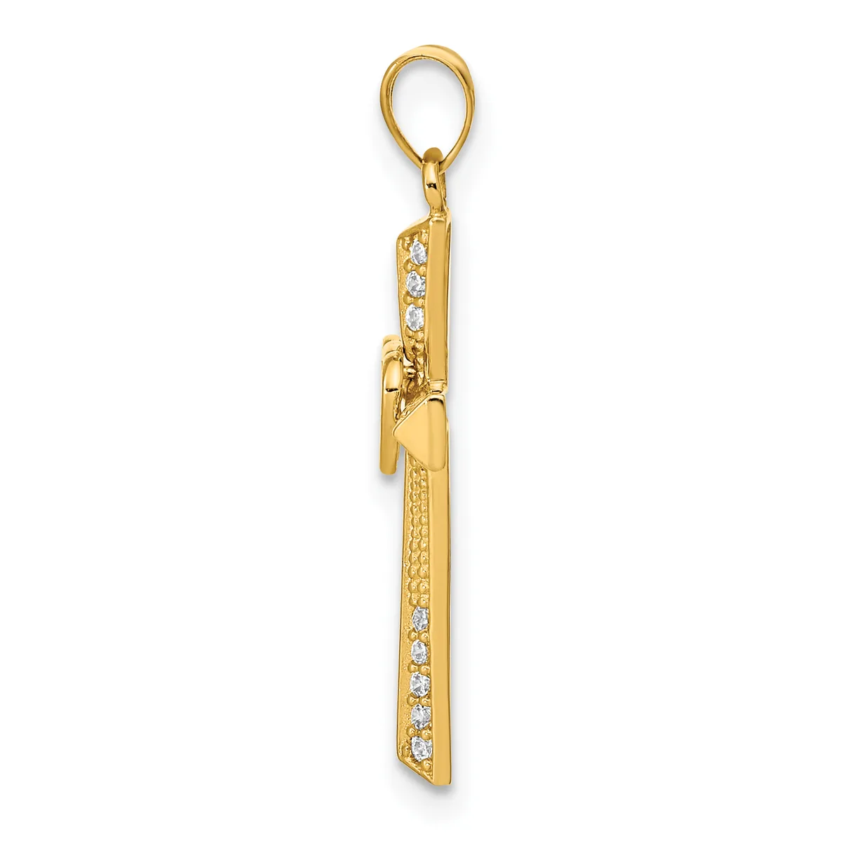 Gold pendant charm with cubic zirconia stones set along the length, featuring a loop at the top for attachment to a chain or keyring.
