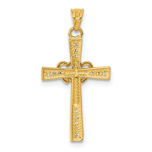 A gold cross pendant with a textured finish and small diamond or crystal accents throughout, featuring a decorative loop at the top for attachment to a chain.