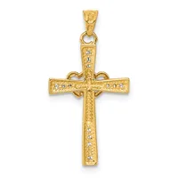 A gold cross pendant with a textured finish and small diamond or crystal accents throughout, featuring a decorative loop at the top for attachment to a chain.