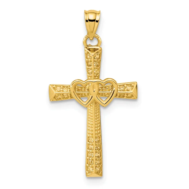 Gold cross pendant with textured surface and a heart-shaped knot design at the center, shown against a white background.
