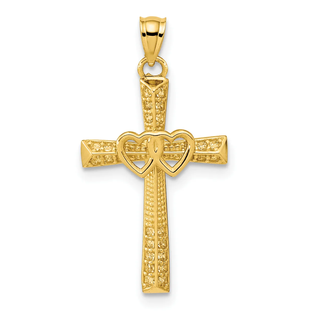 Gold cross pendant with textured surface and a heart-shaped knot design at the center, shown against a white background.