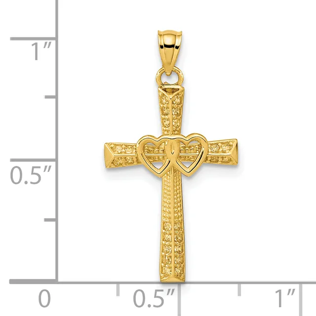 Gold cross pendant with textured surface and two interlocking hearts at the center, shown against a measurement scale.
