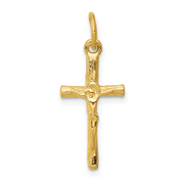 A gold crucifix pendant with a textured finish, featuring a stylized corpus figure, suspended from a loop bail.