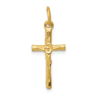 A gold crucifix pendant with a textured finish, featuring a stylized corpus figure, suspended from a loop bail.