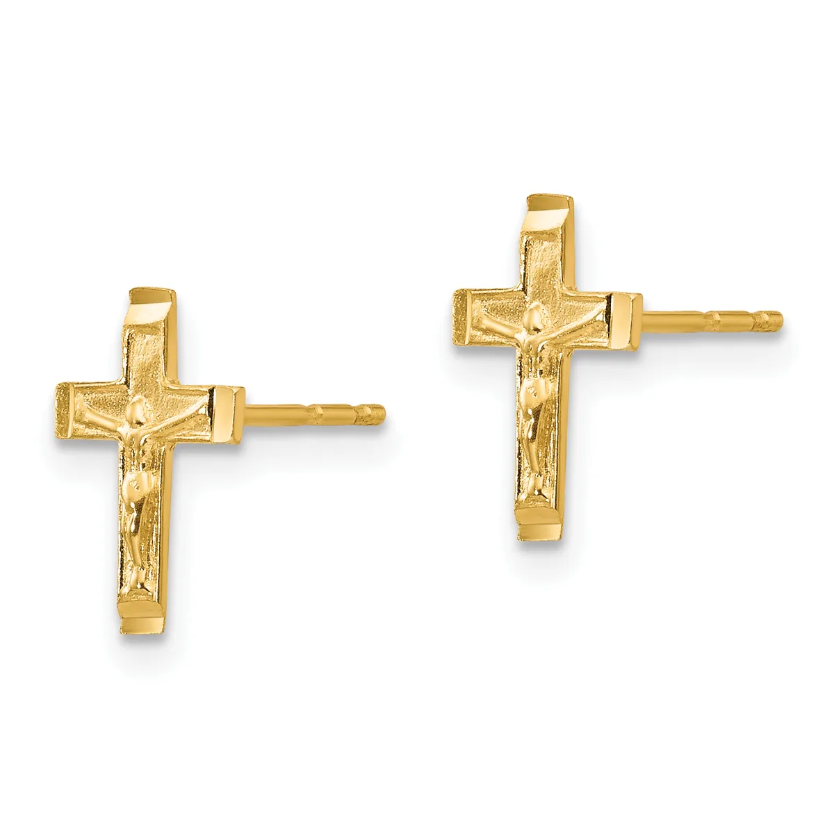 A pair of gold crucifix stud earrings with textured surfaces and small posts, shown from the front against a white background.