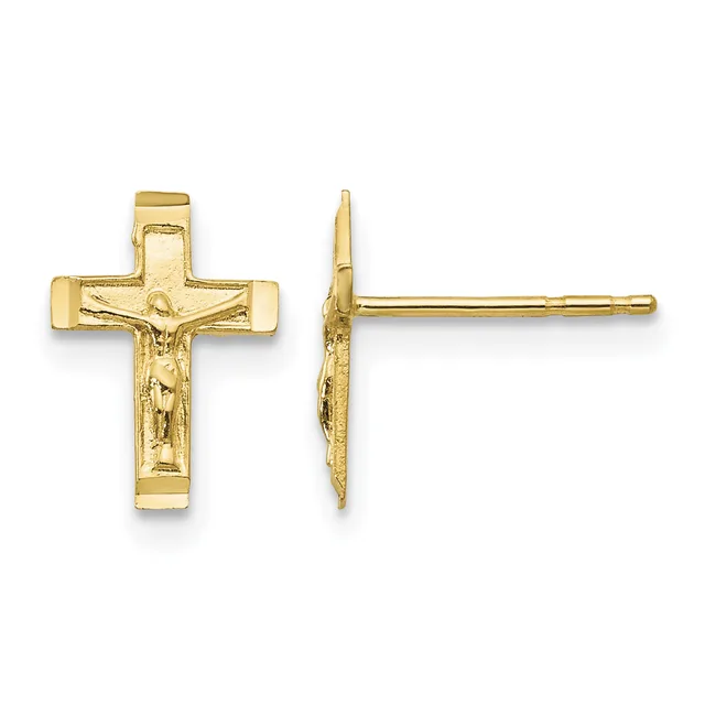 Gold crucifix stud earrings shown from front and side views, featuring a detailed Jesus figure on an outlined cross with a post and backing.