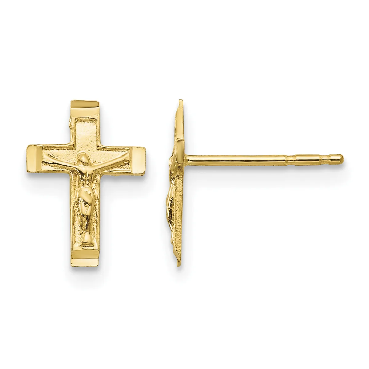 Gold crucifix stud earrings shown from front and side views, featuring a detailed Jesus figure on an outlined cross with a post and backing.