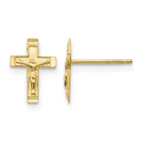 Gold crucifix stud earrings shown from front and side views, featuring a detailed Jesus figure on an outlined cross with a post and backing.