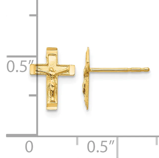 Gold crucifix stud earrings shown front and side view next to a ruler indicating approximately 0.5 inch height.