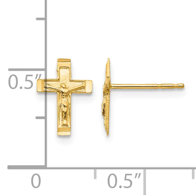 Gold crucifix stud earrings shown front and side view next to a ruler indicating approximately 0.5 inch height.