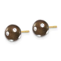 A pair of round gold stud earrings with textured brown glitter finish and crystal rhinestone accents, displayed on a white background.