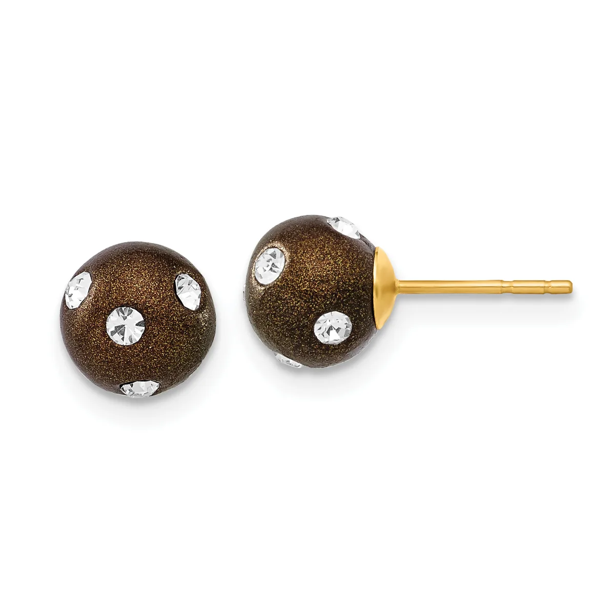 Pair of brown glitter ball stud earrings with crystal rhinestone accents and gold-tone posts and backs.