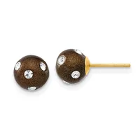 Pair of brown glitter ball stud earrings with crystal rhinestone accents and gold-tone posts and backs.