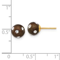 Pair of brown textured ball stud earrings with clear crystal accents, displayed next to a measurement scale showing approximately half-inch diameter.