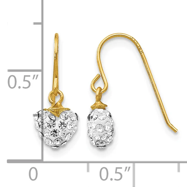 Gold-tone hook earrings with crystal-studded heart-shaped pendants, shown next to a ruler indicating approximately half-inch length.