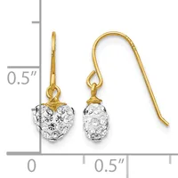Gold-tone hook earrings with crystal-studded heart-shaped pendants, shown next to a ruler indicating approximately half-inch length.