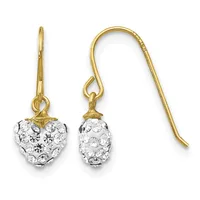 A pair of gold fishhook earrings with crystal-studded heart and oval pendants in white rhinestones.