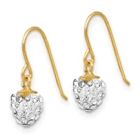 Pair of gold fishhook earrings with rhinestone-covered heart-shaped pendants in white and clear crystals.