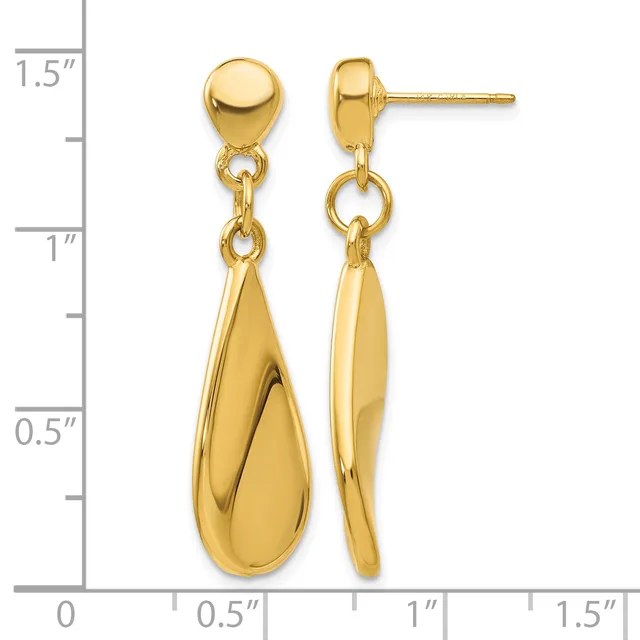 Pair of gold teardrop dangle earrings with polished dome studs, displayed against a measurement scale showing approximately 1.25 inches in length.