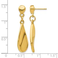Pair of gold teardrop dangle earrings with polished dome studs, displayed against a measurement scale showing approximately 1.25 inches in length.