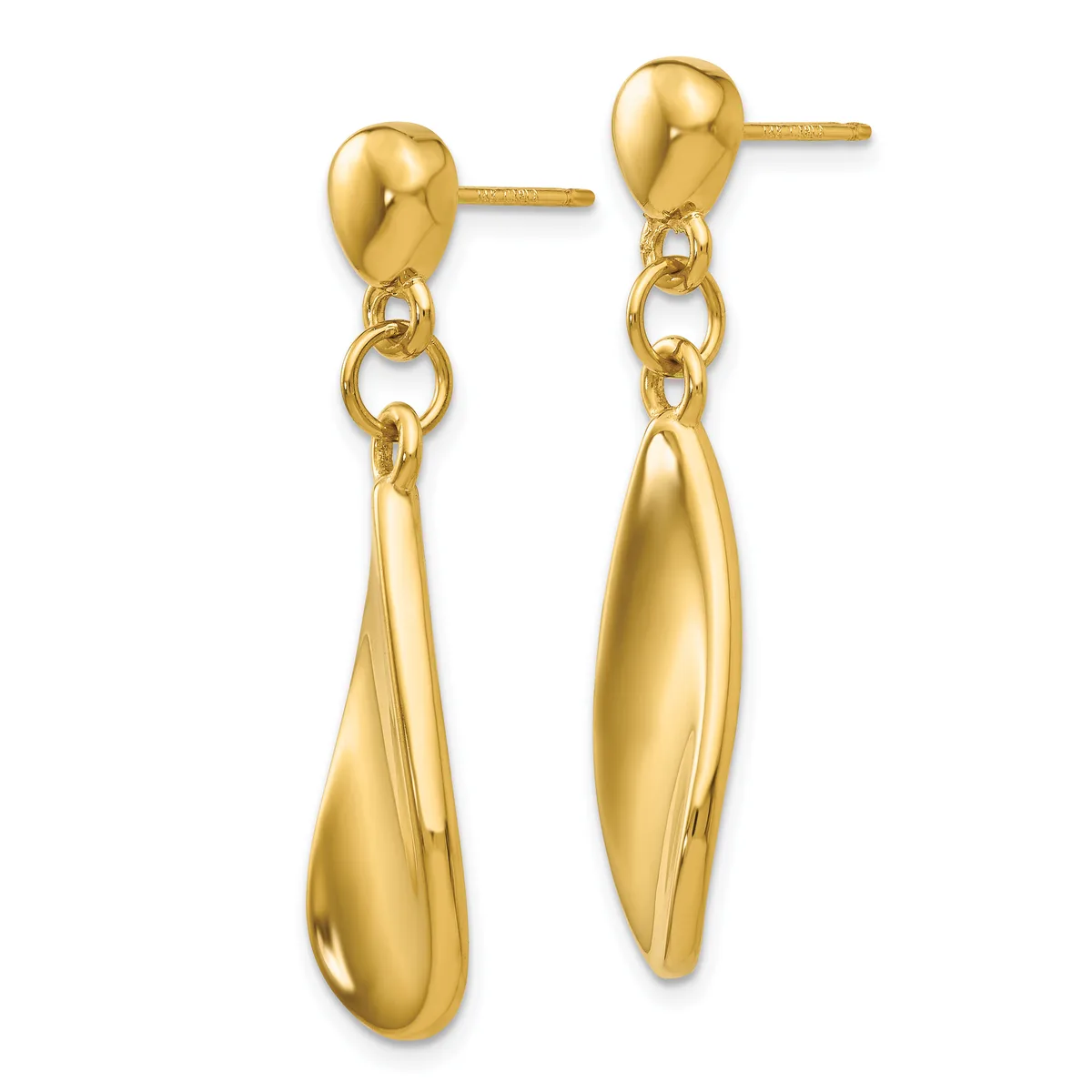 Pair of gold teardrop dangle earrings with stud posts and chain connectors, shown against a white background.