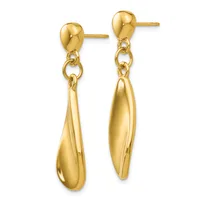 Pair of gold teardrop dangle earrings with stud posts and chain connectors, shown against a white background.