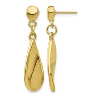 Pair of gold teardrop dangle earrings with polished round post backs, shown from front and side views.