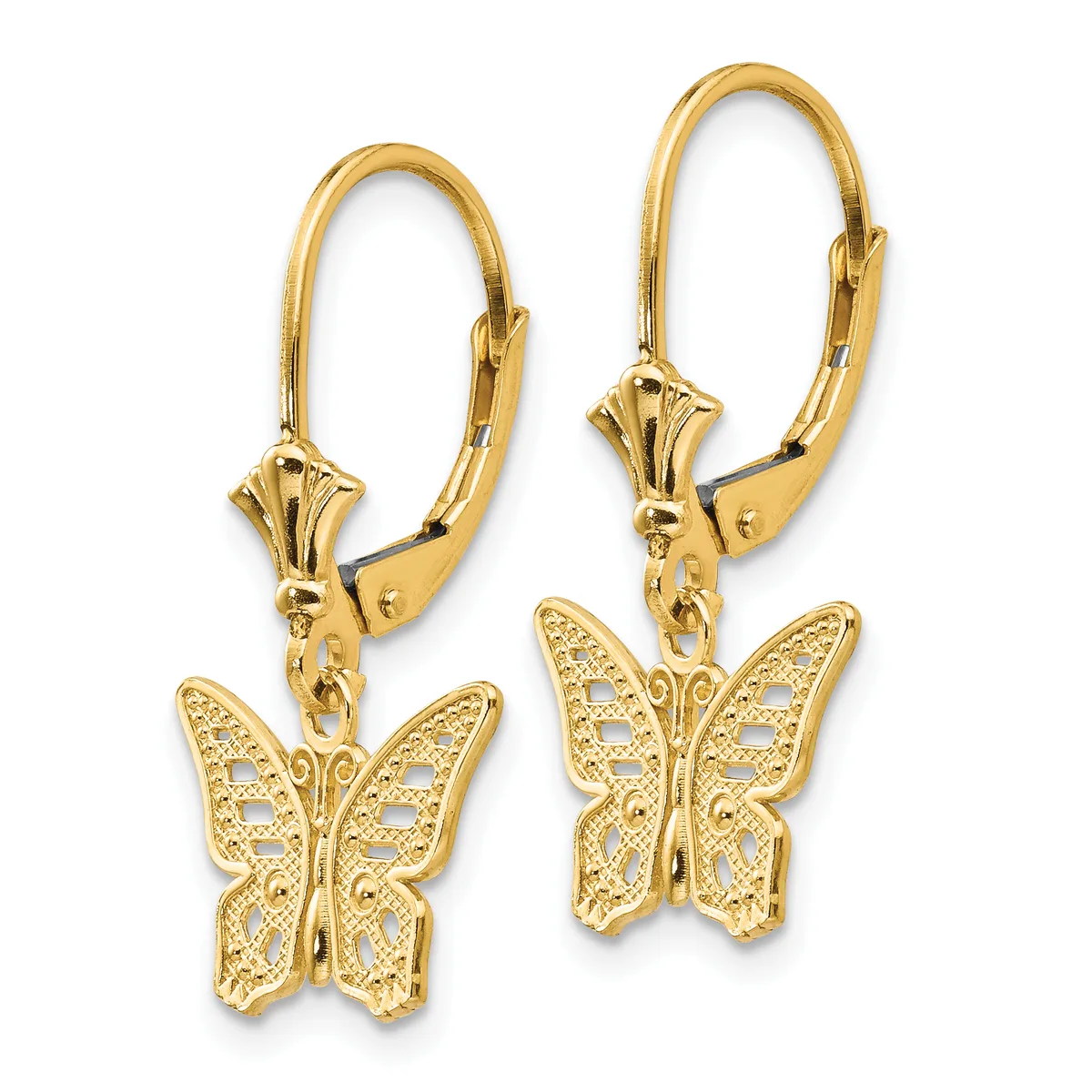 Pair of gold butterfly drop earrings with filigree-textured wings, hanging from lever-back ear wires with decorative connectors.