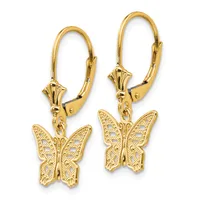 Pair of gold butterfly drop earrings with filigree-textured wings, hanging from lever-back ear wires with decorative connectors.