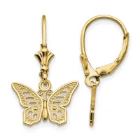 Pair of gold-toned butterfly drop earrings with ornate filigree wing details and lever-back closures, shown front and side views.