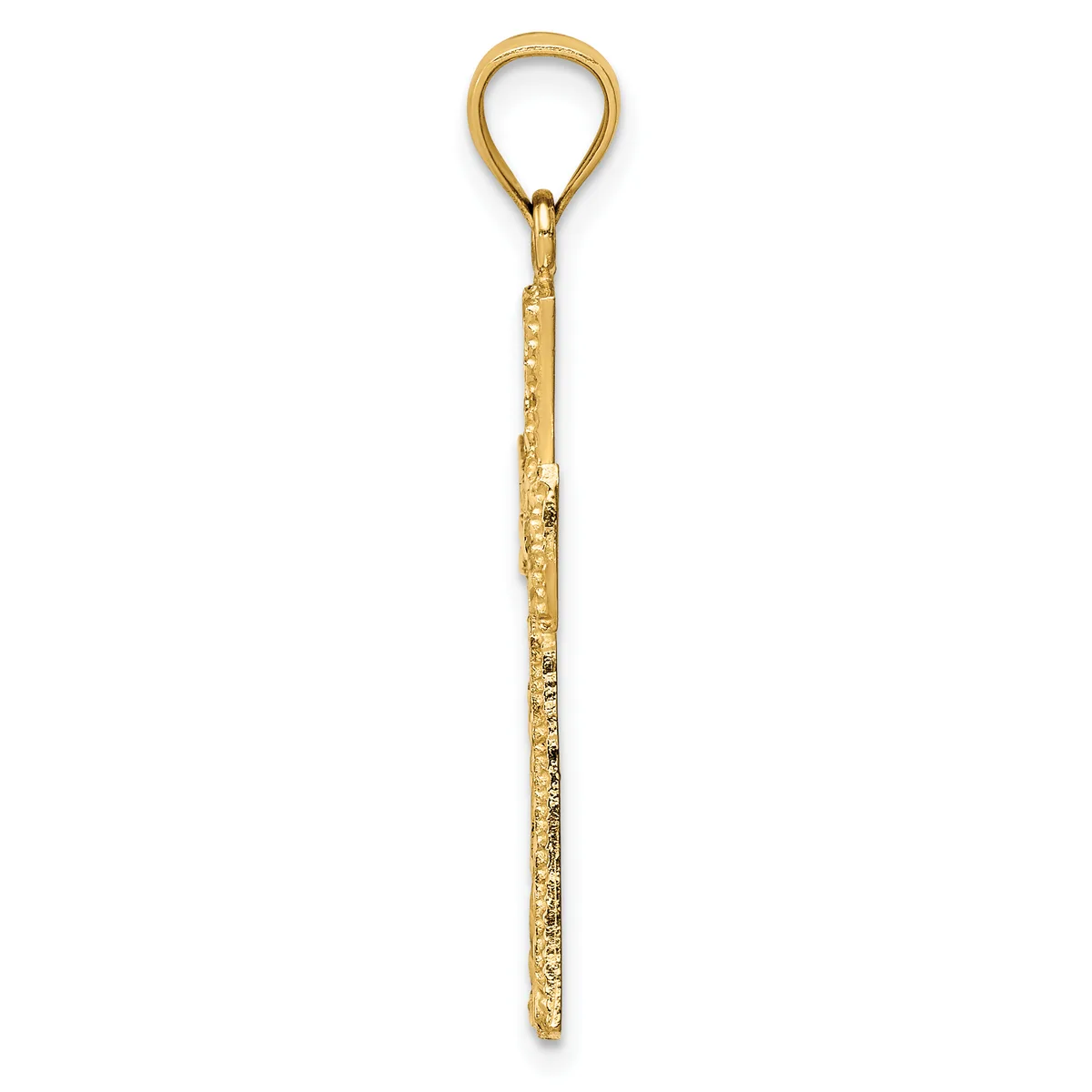 A long gold pendant with a textured finish and a teardrop-shaped loop at the top, shown against a white background.