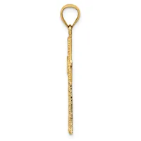 A long gold pendant with a textured finish and a teardrop-shaped loop at the top, shown against a white background.